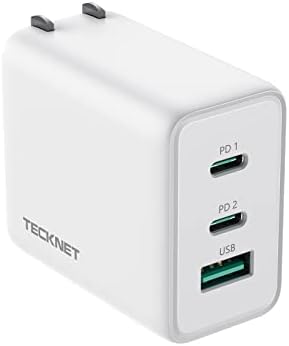 TECKNET 65W GaN Wall Charger PD 3.0 USB-C Fast Charger,3-Port Foldable Travel Adapter for iPhone 16 Pro Max/16 Pro/16 Plus/16/15/Galaxy S24/S25/MacBook Pro/Switch and More Series(White)