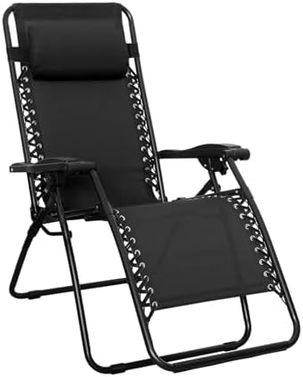 Amazon Basics Zero Gravity Lounge Chair with Pillow, Foldable Outdoor Reclining Chair for Patio and Beach, Weather-Resistant Textilene, 300 lb Capacity, 26", Black