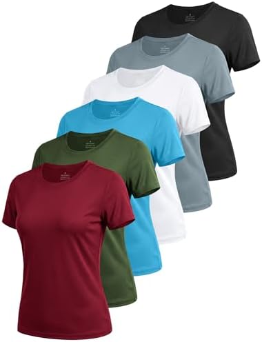 6 Pack Workout Tops for Women Short Sleeve UPF Sun Protection Athletic T Shirts Quick Dry Tennis Yoga Running Crew Neck Tee