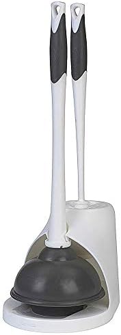Clorox Toilet Plunger and Brush Bowl Set with Holder Caddy Storage for Cleaning Bathroom and Unclogging Toilets, White and Gray