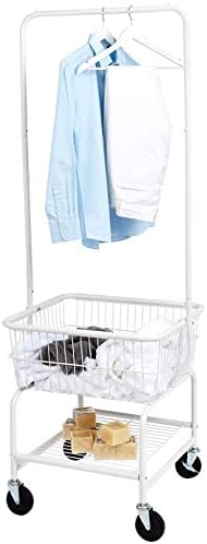 Amazon Basics Rectangular Laundry Hamper Basket Butler Cart with Wheels and Hanging Rack, Sturdy Metal, 71.1 inches Height, White