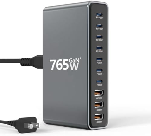 765W 10-Port GaN 3 Desktop Charging Station for Phones, Tablets, Laptops, Smartwatches & Earphones - Home, Office & Travel Compatible