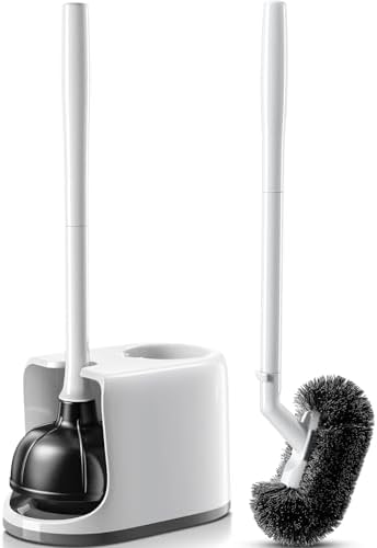 HAMITOR Toilet Plunger Bowl Brush Combo:Heavy Duty Rubber for Drain Clog Remover - Curved Design Bristles for Deep Cleaning Under Rim - Compact Bathroom Cleaning Tools for New Homet Essentials - White