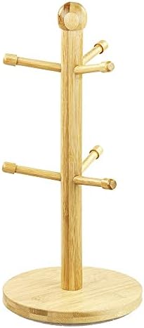 Home Basics Bamboo Mug Tree, Holds Up to 6 Coffee Cups, Free Standing, Circular Base, Kitchen Countertop, Beige (1)