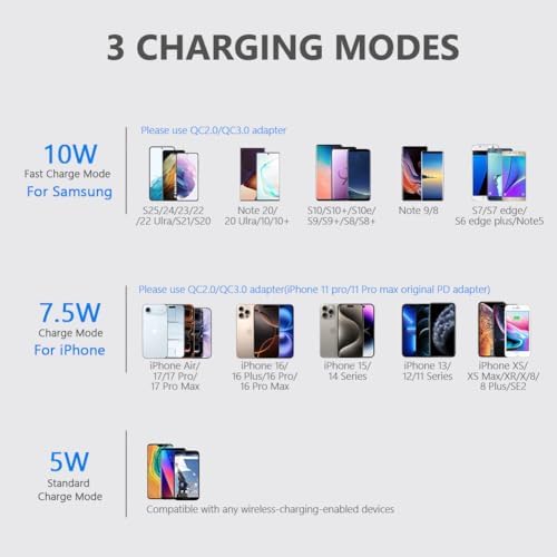 Yootech Wireless Charger,10W Max Wireless Charging Stand, Compatible with iPhone 17/17 Pro/17 Pro Max/Air/16e/16/16 Plus/16 Pro Max/15/14/13/SE 2022/12/11/X/8, Galaxy S25/S24/S23/S22(No AC Adapter)