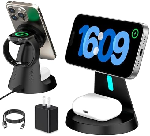 Wireless Charger,3 in 1 Charging Station,15W Phone Charger Stand | Compatible with Mag-Safe Charger for iPhone 17/16/15/14/13/12 Series, Apple Watch, AirPods (Adapter Included)