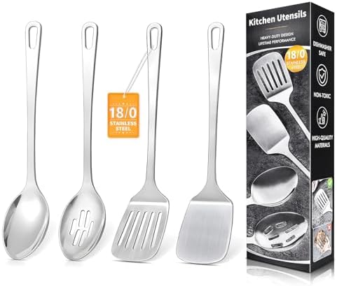 4 Pcs Cooking Utensils Set, Stainless Steel Kitchen Utensils, Heat Resistant Metal Kitchen Tools Include Solid & Slotted Turner Wok Spatula, Serving Spoon, Ergonomic Handle, Easy to Clean, Silver