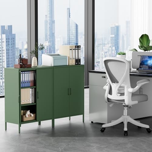 Metal Locker Storage Cabinet, Accent Sideboard Cabinet with Adjustable Shelves for Home Office, Garage, Kitchen, Living Room (Green, 40" H-Metal Doors)