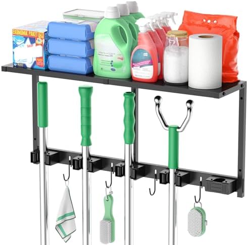 CCCEI Broom and Mop Wall Mount with Shelf, Laundry Room Cleaning Tools Organization Hanging Rack with Hooks, Bathroom, Garage, Garden Organizers and Storage. All Metal, Black, 2 Pack.