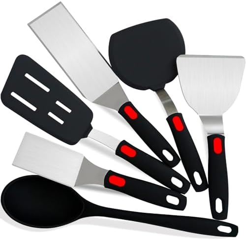 Spatula Set 6-Piece - kitchen utensils set cooking Stainless Steel Turner Set, 600°F Heat Resistant, Metal Spatulas for Griddle/Cast Iron & Nonstick Safe Silicone Tools for Egg, Pancake, Burger
