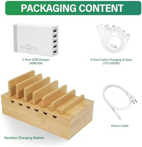 Bamboo Charging Station Organizer, Multi-Device Charging Dock with Cable Management, Phone Tablet Stand for Home Office, 5-Port USB Charger & 6 Cables Included