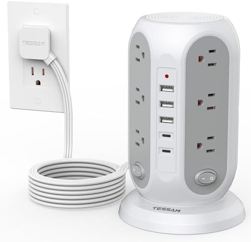 TESSAN Tower Power Strip with Individual Switches, 12 Outlets and 5 USB Ports(2 USB C), Flat Extension Cord 10 Ft, 1250W, Charging Station for Multiple Devices, Office, Dorm, Grey