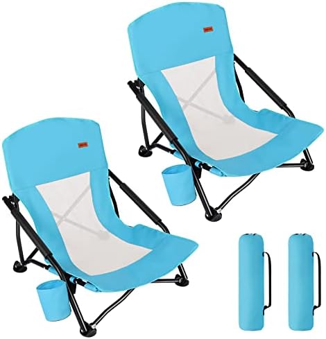 TOBTOS Low Beach Chair for Adults 2 Pack, Low Profile Folding with Cup Holder & Carry Bag, Heavy Duty Chair for Outdoor Sand, Camping, Concert, Travel