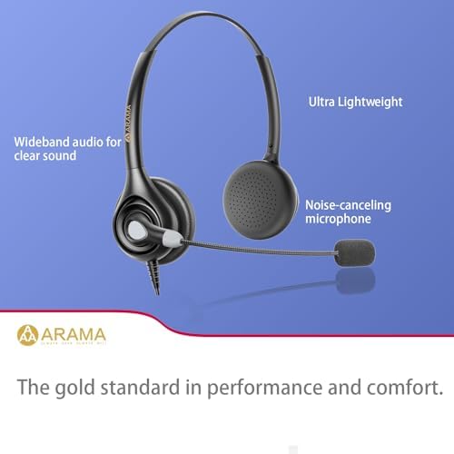 Arama Cell Phone Headset w/Lightweight Secure-Fit Headband, Pro Noise Canceling Mic and in-line Controls, 3.5mm Wired Headphones for iPhone, Samsung, LG, HTC, BlackBerry Mobile Phone and iPad Tablet