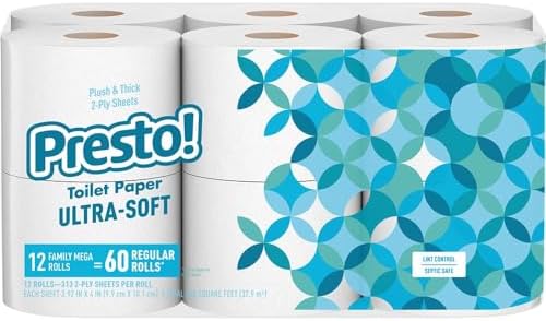 Amazon Brand - Presto! 2-Ply Ultra-Soft Toilet Paper, 12 Family Mega Rolls = 60 Regular Rolls, Unscented, 313 Sheets Per Roll