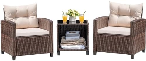 Devoko 3 Pieces Patio Furniture Set, PE Rattan Wicker Patio Set with Two Outdoor Chairs and Table, Upgraded Patio Chairs and Table for Porch, Garden Poolside Balcony