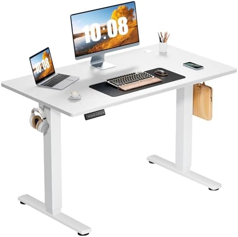 Sweetcrispy Electric Standing Desk Adjustable Height, 40x24 Inch Sit Stand Up Home Office Desks Computer Workstation PC Work Table with 3 Memory Preset Splice Wood Board Metal Frame, White
