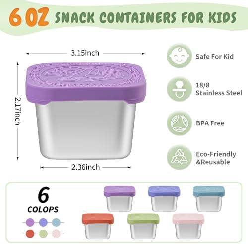 SANEXC 6 Oz Stainless Steel Snack Containers for Kids - 6 Pack Metal Food Containers with Lids Silicone Easy Open 100% Leak Proof BPA Free Reusable Baby Lunch Box for Daycare Travel and Office