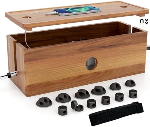 Large Cable Management Box Acacia Wood Cord Organizer Power Strip & Cables | Acacia Wood Cable Hider; Large Electrical Cord Storage; Hide TV Wires & Power Strips; Rustic Style; Home Office & Living Room