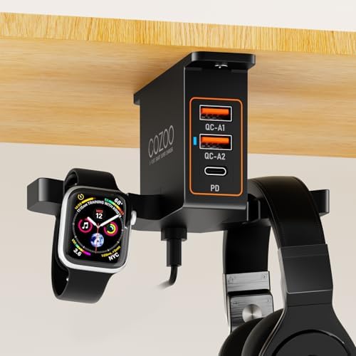 cozoo Headphone Stand with USB Charger Under Desk Headset Holder Mount 3 USB Charging Station,iWatch Stand Watch Dock Dual Earphone Hanger Hook,PC Accessories Gifts,UL Tested