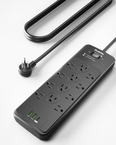 PLUGTUL Surge Protector Power Strip 25FT | Black Surge Protector with 12 Outlets - Spacious Design for Large Plugs, Flat Plug, 4080J, 20W USB C Charging, ETL Listed