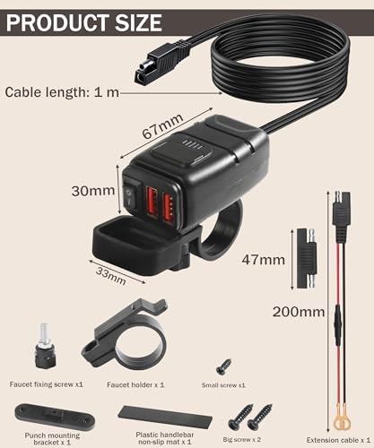 Bylikeho Motorcycle Phone Charger with Voltmeter & ON/Off Switch, SAE to USB Adapter for Phone, Tablet, GPS