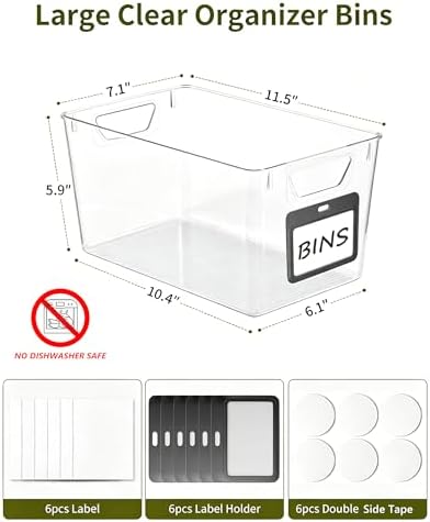 iCASA Clear Organizer Bins - 6 Pack Plastic Pantry Organizers & Storage Containers with Handles & Labels, Home Organization Must Haves for Kitchen, Under Sink, Cabinet Fridge, Bathroom, Shelf, Laundry