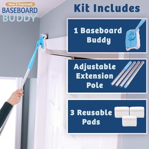 Baseboard Buddy | Lightweight Home Cleaning Essential, Perfect for Baseboards, Moldings & Walls, Glide & Wipe Trapping & Locking Dirt & Dust | As Seen on TV, (1 Baseboard Buddy & 3 Reusable Pads)