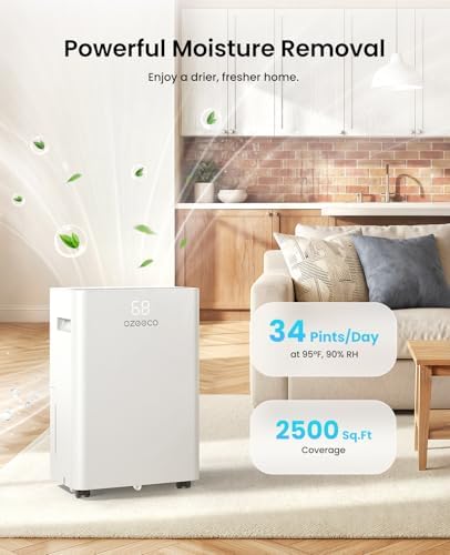 34 Pint Dehumidifier for Basement up to 2500 Sq.Ft, ozeeco Home Dehumidifier with Drain Hose, Ionizer, Humidity Control, Ultra Quiet, Child Lock, 24H Timer for Bedroom, Bathroom, RV