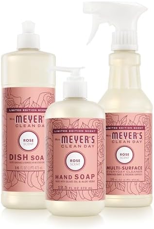 Mrs. MEYER'S CLEAN DAY Kitchen Basics Set, Rose Scent Cleaning Supplies includes Hand Soap (12.5 Fl Oz), Dish Soap (16 Fl Oz) and Multi-Surface Cleaner (16 Fl Oz)