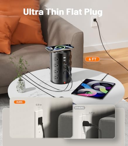 Power Strip Tower, TenTrend 16 Outlets and 5 USB Ports (2 USB-C), 2000 Joules Charging Station, 6FT Flat Plug Extension Cord for Home Office Dorm Room Essentials, Black