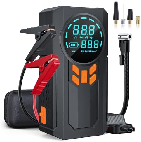 Jump Starter with Air Compressor, 5000A 160PSI Battery Jumper Starter Portable (9.0 Gas/8.0L Diesel), 12V Jump Box Car Battery Jump Starter with Smart Jumper Cables, LED Light, LCD Display