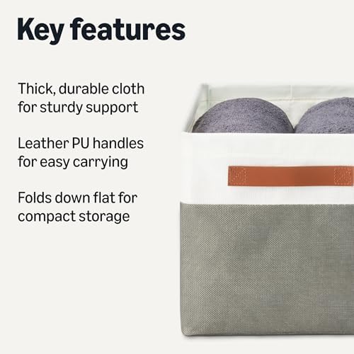 Amazon Basics Collapsible Storage Bins with Faux Leather Handles, Foldable Organizing Containers for Closet, Charcoal, Large, 3-Pack