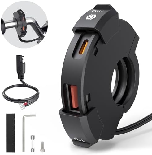 BlueFire Motorcycle USB Charger, Dual Motorcycle Handlebar Socket, USB QC3.0 Type-C 30W PD Fast Car Charger Power Adapter Charger Voltmeter for Phones/Tablets/GPS
