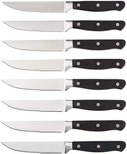 Amazon Basics 8-Piece Full Tang Stainless Steel Serrated Steak Knife Set, 4.5", Black