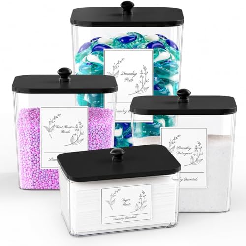 COAZEX 4 Pack Clear Laundry Pods Container & Dryer Sheet Holder, Plastic Square Laundry Room Organization and Storage Jars with Lids, Scoops & Labels for Detergent, Powder, Dryer Balls (Black Lid)