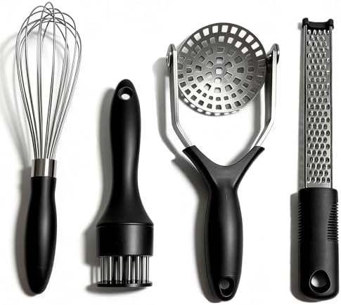 4-Piece Kitchen Gadget Set - Includes Balloon Whisk, Meat Tenderizer, Potato Masher, Grater/Zester, 304 Stainless Steel, Dishwasher Safe