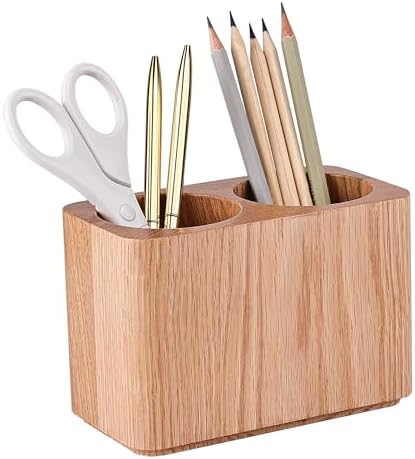Oak Solid Wood Pen &Pencil Holder for Desk, Office Stationery Organizer, Table Pencil Cup Stand,Desk Accessories Holder, Two Cups Practical Design. (Nature Oak)