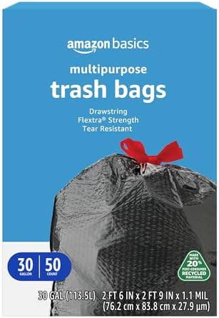 Amazon Basics 30 Gallon Flextra Strength Multipurpose Drawstring Trash Bags, 20% Post Consumer Recycled Material, Tear Resistant, Black, 50 Count