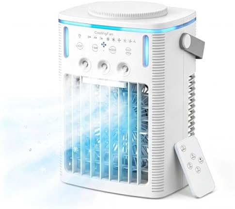 Portable Air Conditioners, Ultra-Quiet Mini AC Fan with 2-4-8H Timer, Remote Control, 3 Speed & Cool Mist, 3 Ultrasonic Nozzles, 7 Color Light, 1000ml Personal Evaporative Air Cooler for Office, Room