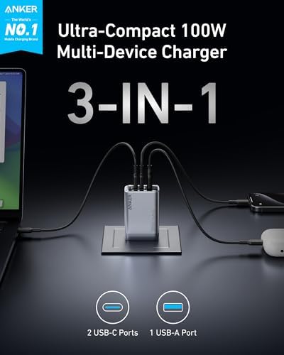 Anker Prime Charger, 100W 3-Port GaN USB C Charger Block, Fast Charging wall Charger, Foldable and Compact for MacBook, iPad, iPhone 17 Series, Galaxy S24/S23, and More
