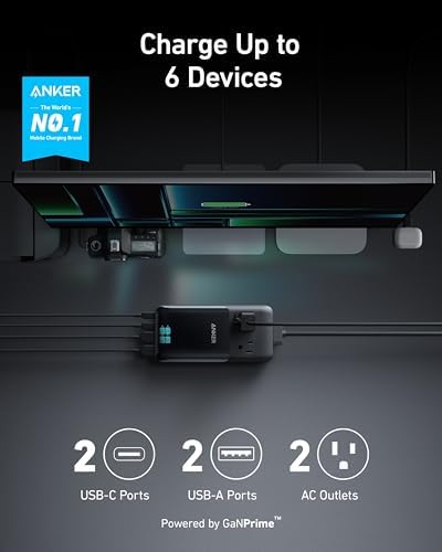 Anker Prime Charging Station, 140W 6-in-1 Travel Power Strip, 5ft Detachable Extension Cord with Multiple Outlets, 2 AC, 2 USB C, 2 USB A, Desk Accessories, Home Office (Non-Battery/Wireless)