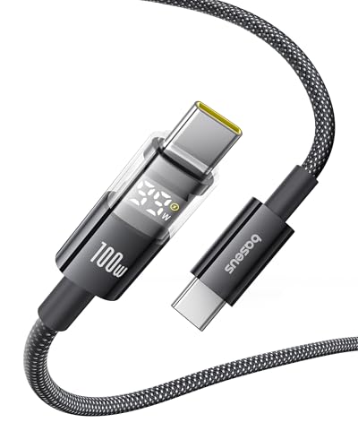 Baseus USB C Cable, 100W 5A Fast Charging USB C Charger Cable with LED Display, Zinc Alloy Nylon Braided USB C to USB C Cable for iPhone 16/Pro/Plus/Pro Max, MacBook, iPad Pro, Galaxy S24/S23 (6.6ft)