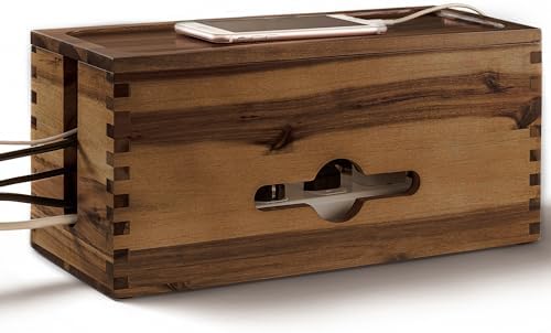 TIDITA Acacia Large Cable Management Box - 15" L Cord Box Hider, Power Strip Box for Office - Cable Hider Box, Surge Protector Box - Wire Box Hider for Desk - 3 Open Slots, Magnetic Lid (Walnut color)