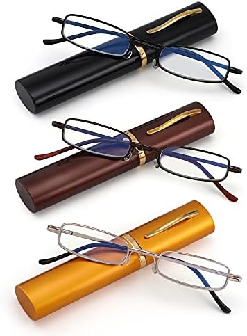 3 Pack Slim Pocket Reading Glasses for Men Women Blue Light Blocking Compact Readers Spring Hinge Metal Frame