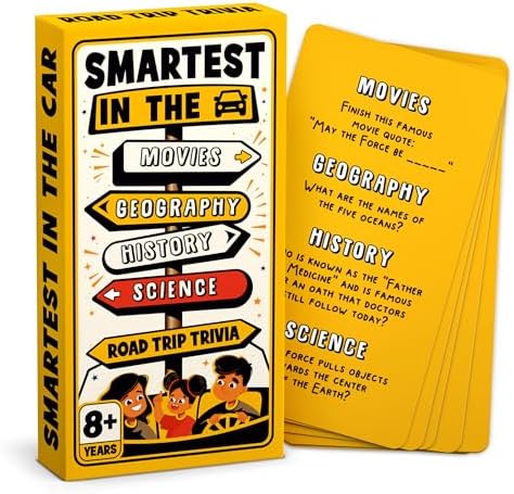 WELL BALANCED Road Trip Trivia - Road Trip Games for Kids Travel Essentials Car Activities Must Haves for Ages 8+