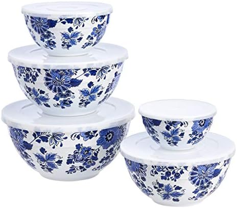 Amazon Basics Mixing Bowls with Lids, Nesting Melamine Serving Bowls, Non-Slip Base, BPA Free, Dishwasher Safe, 5 Sizes, Blue and White Floral, Set of 10