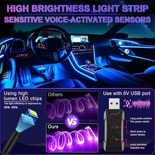 LivTee Smart LED Car Lights Interior with USB Port, LED Strip Fiber Optic Ambient Lighting Car, Wireless App Control, Sync to Music, Car Decorations Interior Accessories Gifts for Women Men, 6 in 1