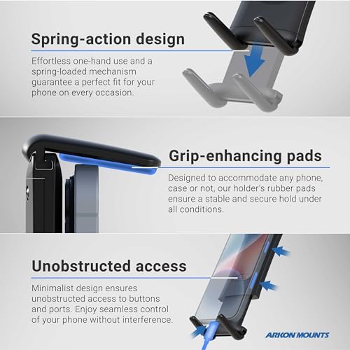 ARKON Mounts Slim-Grip Ultra Phone Holder Fits All Phones & Small to Midsize Tablets Fits Pedestals with Dual-T Patterns For iPad, iPhone, Samsung, Google, Nokia, & more