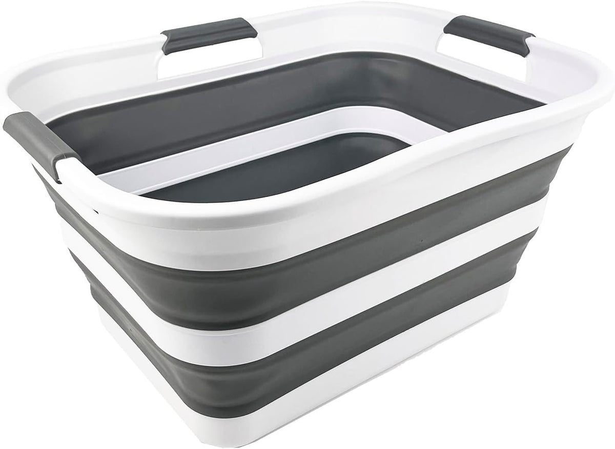 SAMMART 30L (8 gallons) Collapsible Plastic Laundry Washing Tub/Basket - Portable Laundry Hamper/Storage Container Foldable Laundry Basket - Space Saving (White/Steel Grey (Set of 2))